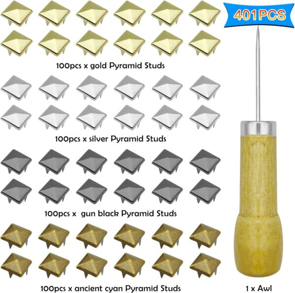 400Pcs 10mm Square Pyramid Studs Four-Jaw Square Rivets for Bag Leather Clothing Shoes Jewelry DIY Craft Metal Punk Spikes Spots Studs Nailheads Accessories with Straight Tipped Scratch Awl(4 Colors) - Image 2