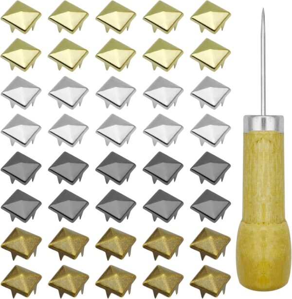 400Pcs 10mm Square Pyramid Studs Four-Jaw Square Rivets for Bag Leather Clothing Shoes Jewelry DIY Craft Metal Punk Spikes Spots Studs Nailheads Accessories with Straight Tipped Scratch Awl(4 Colors)