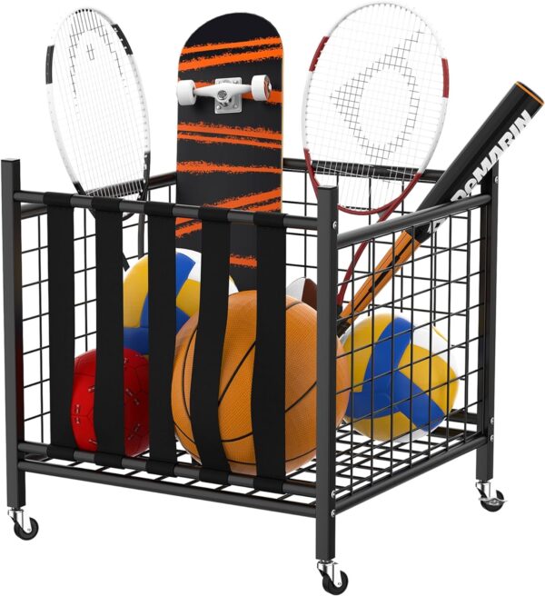 WALMANN Garage Sports Equipment Organizer, Ball Storage Rack Indoor/Outdoor Rolling Ball Cart with Baskets and Wheels