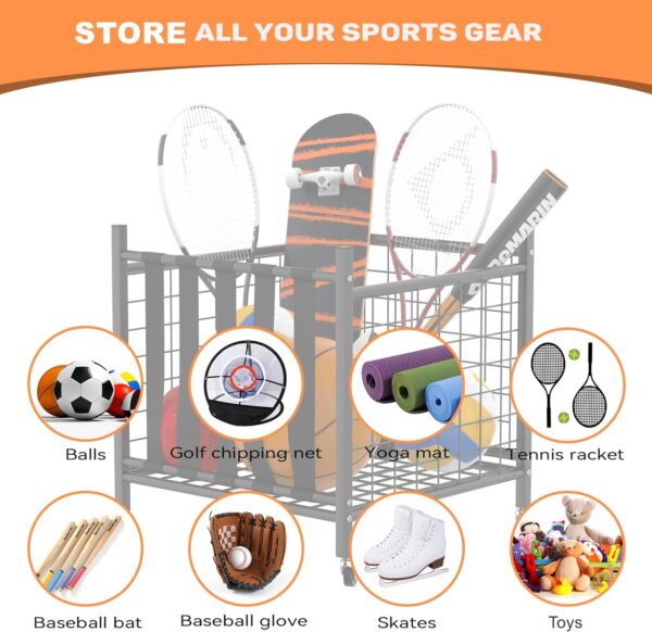 WALMANN Garage Sports Equipment Organizer, Ball Storage Rack Indoor/Outdoor Rolling Ball Cart with Baskets and Wheels - Image 4