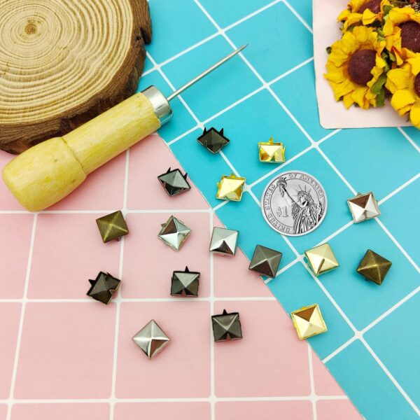 400Pcs 10mm Square Pyramid Studs Four-Jaw Square Rivets for Bag Leather Clothing Shoes Jewelry DIY Craft Metal Punk Spikes Spots Studs Nailheads Accessories with Straight Tipped Scratch Awl(4 Colors) - Image 7